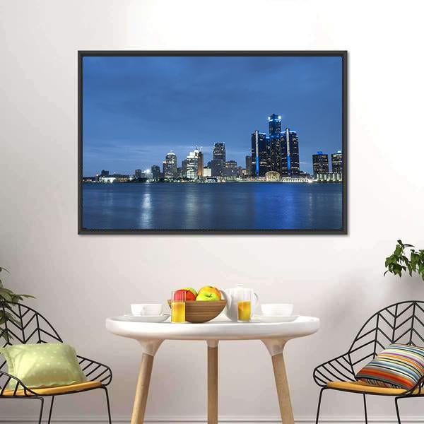 Detroit Skyline Canvas Wall Art-1 Piece-Floating Frame-24" x 16"-Tiaracle