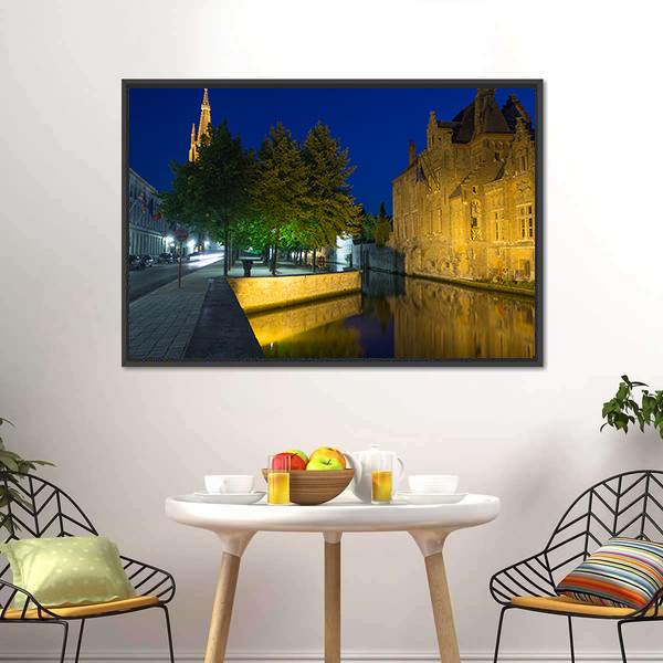 Dijver Canal & Church Canvas Wall Art-1 Piece-Floating Frame-24" x 16"-Tiaracle