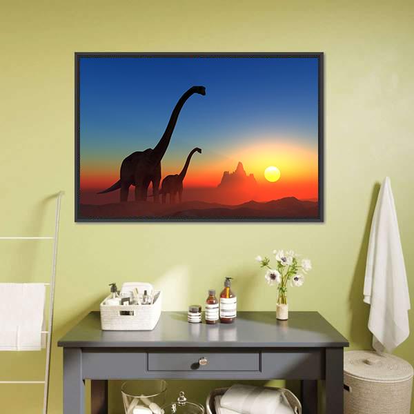 Dinosaurs With Colorful Sky Canvas Wall Art-1 Piece-Floating Frame-24" x 16"-Tiaracle