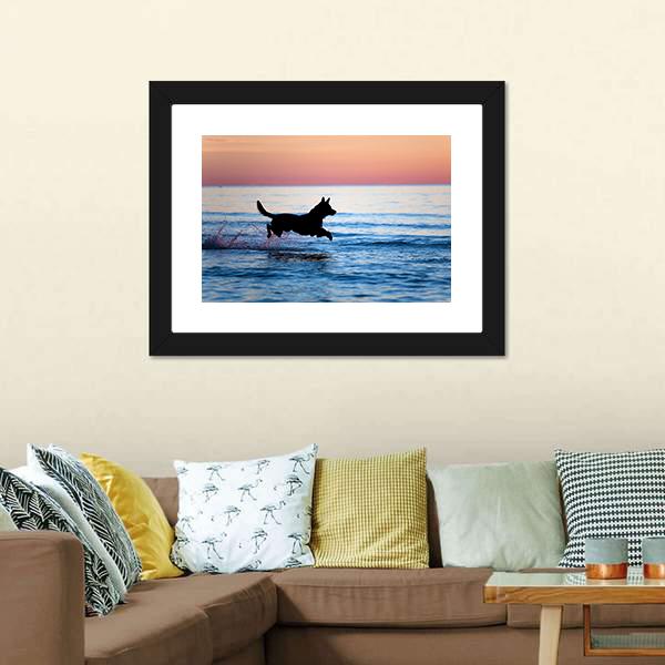 Dog Running On Water Canvas Wall Art-1 Piece-Framed Print-20" x 16"-Tiaracle