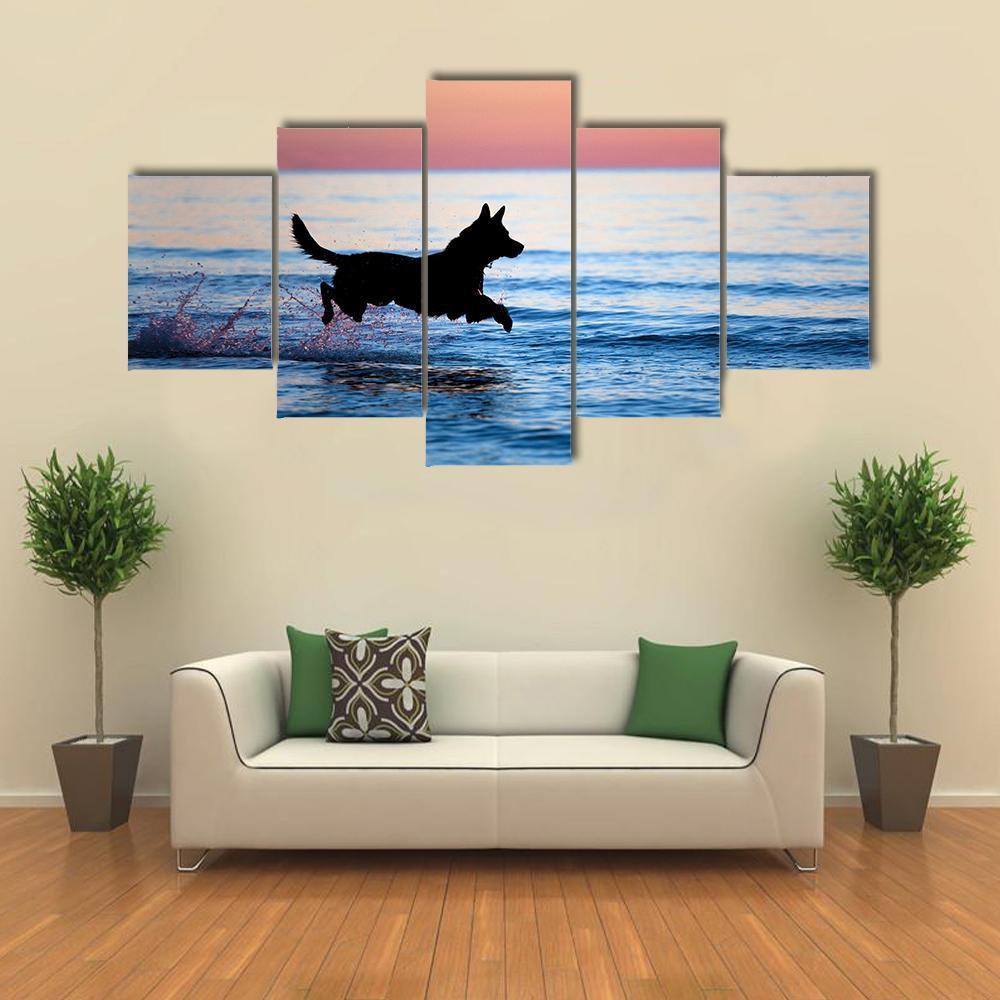 Dog Running On Water Canvas Wall Art-5 Star-Gallery Wrap-62" x 32"-Tiaracle