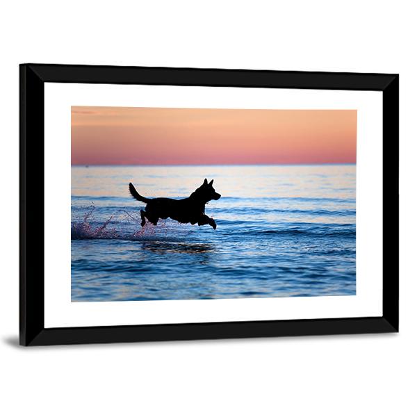 Dog Running On Water Canvas Wall Art-3 Horizontal-Gallery Wrap-25" x 16"-Tiaracle
