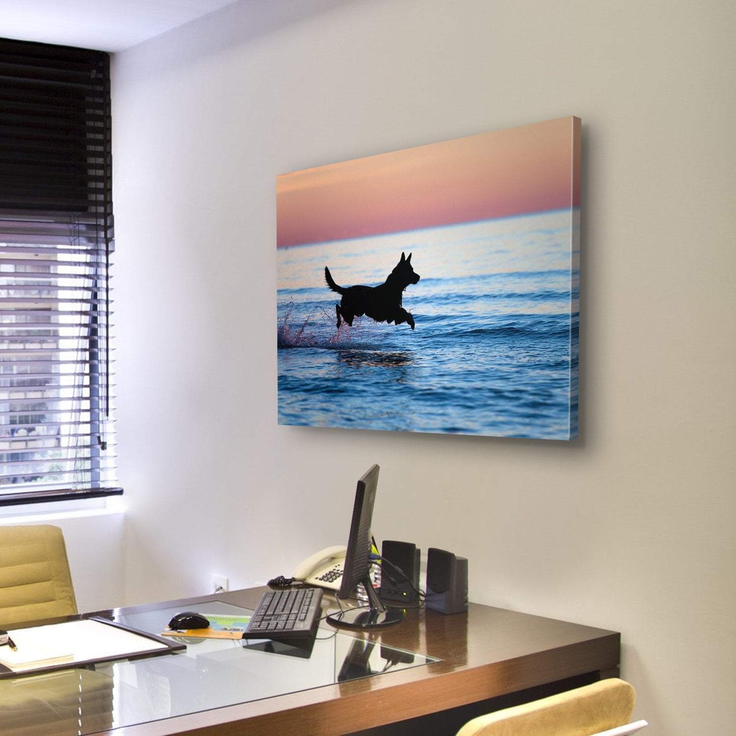 Dog Running On Water Canvas Wall Art-3 Horizontal-Gallery Wrap-25" x 16"-Tiaracle