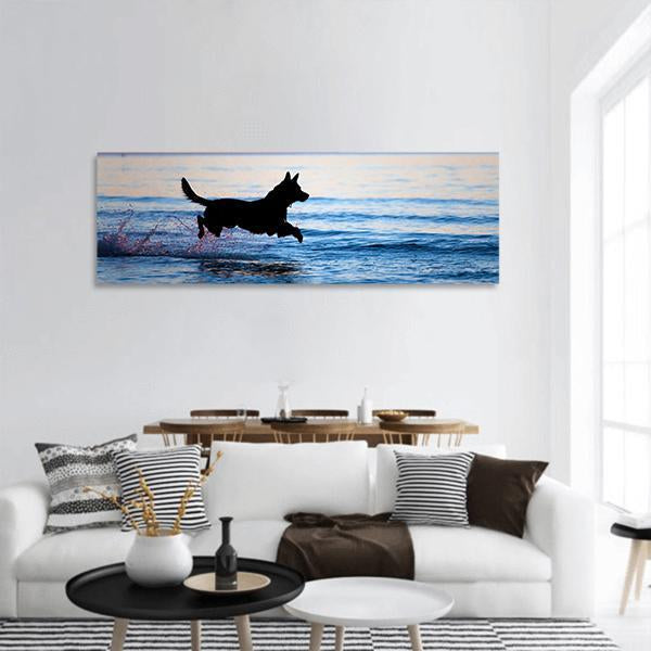 Dog Running On Water Panoramic Canvas Wall Art-1 Piece-36" x 12"-Tiaracle