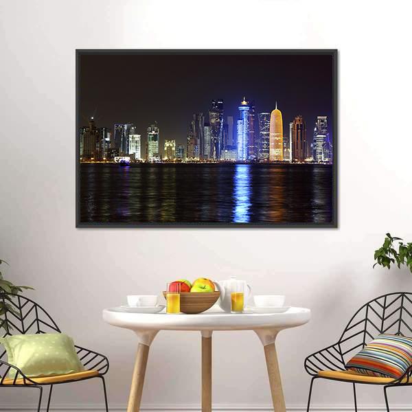 Doha Night Skyline Canvas Wall Art-1 Piece-Floating Frame-24" x 16"-Tiaracle