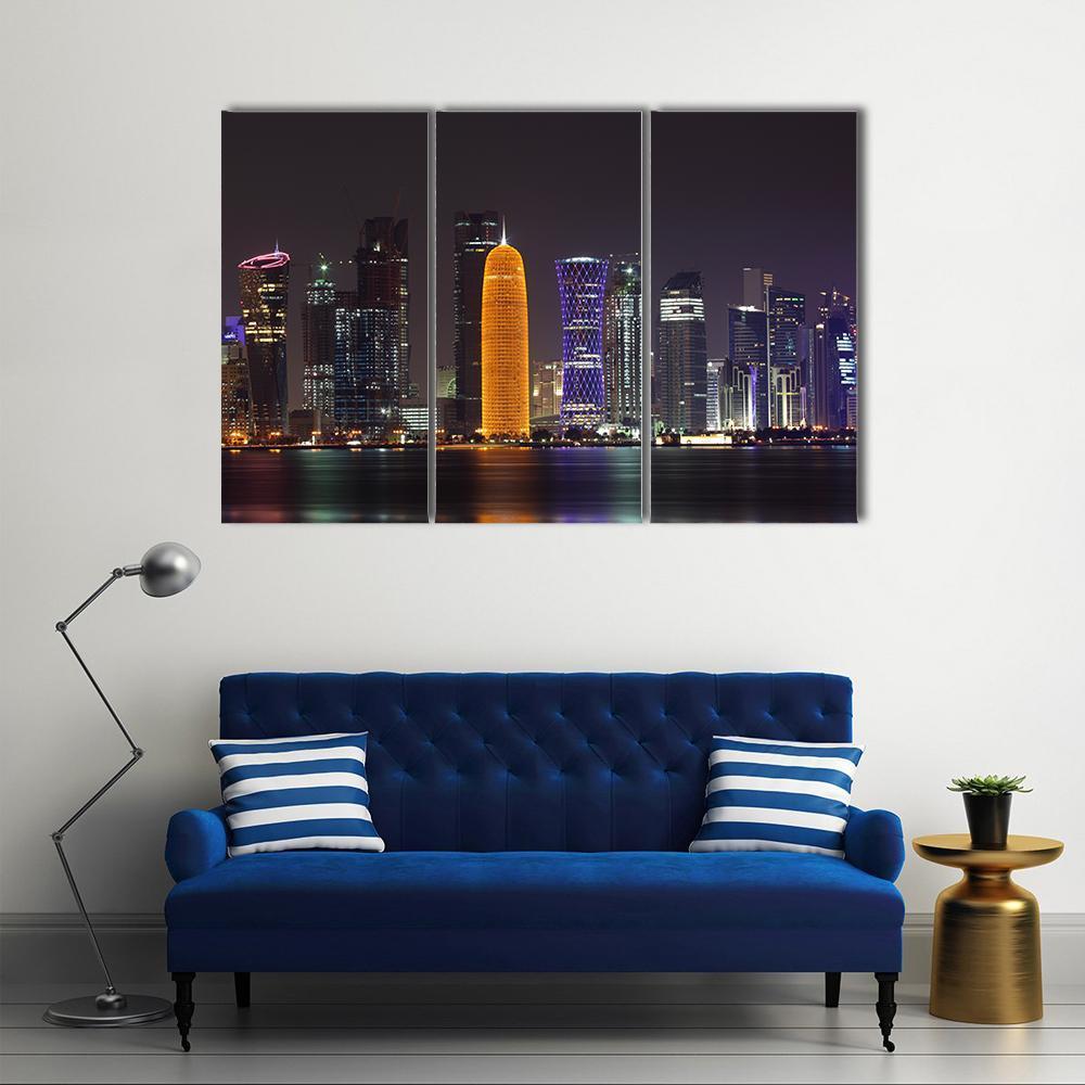 Doha Skyline At Night Canvas Wall Art-3 Horizontal-Gallery Wrap-37" x 24"-Tiaracle