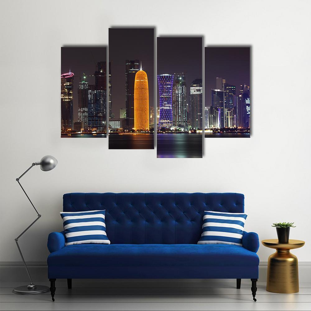 Doha Skyline At Night Canvas Wall Art-4 Pop-Gallery Wrap-50" x 32"-Tiaracle