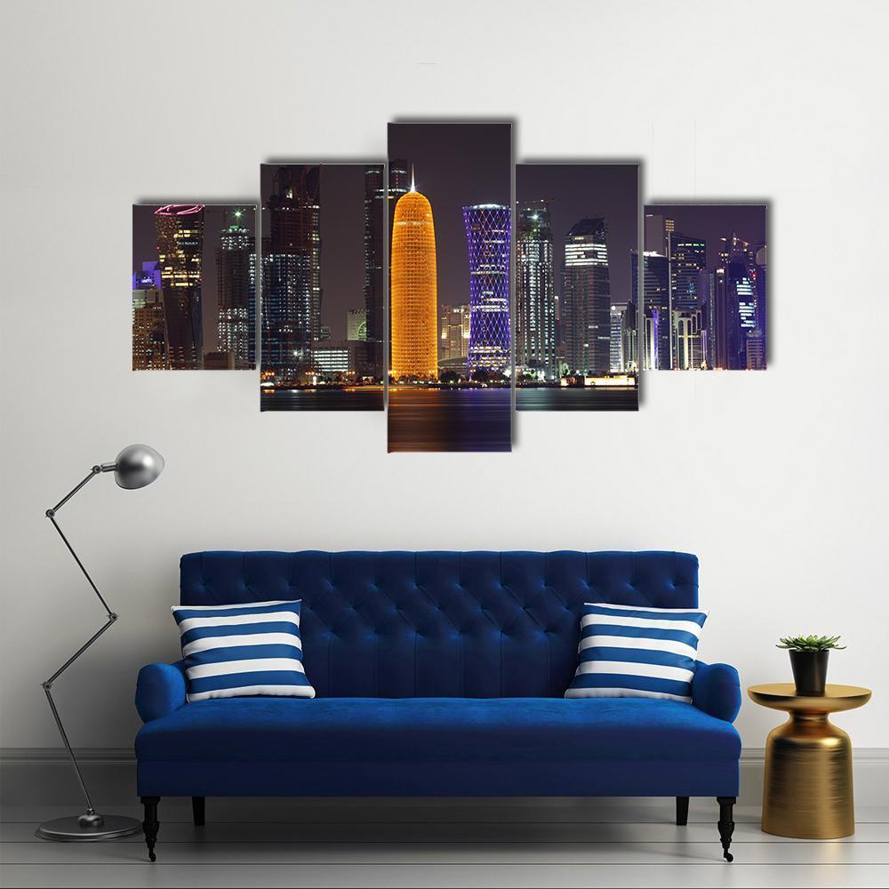 Doha Skyline At Night Canvas Wall Art-5 Star-Gallery Wrap-62" x 32"-Tiaracle
