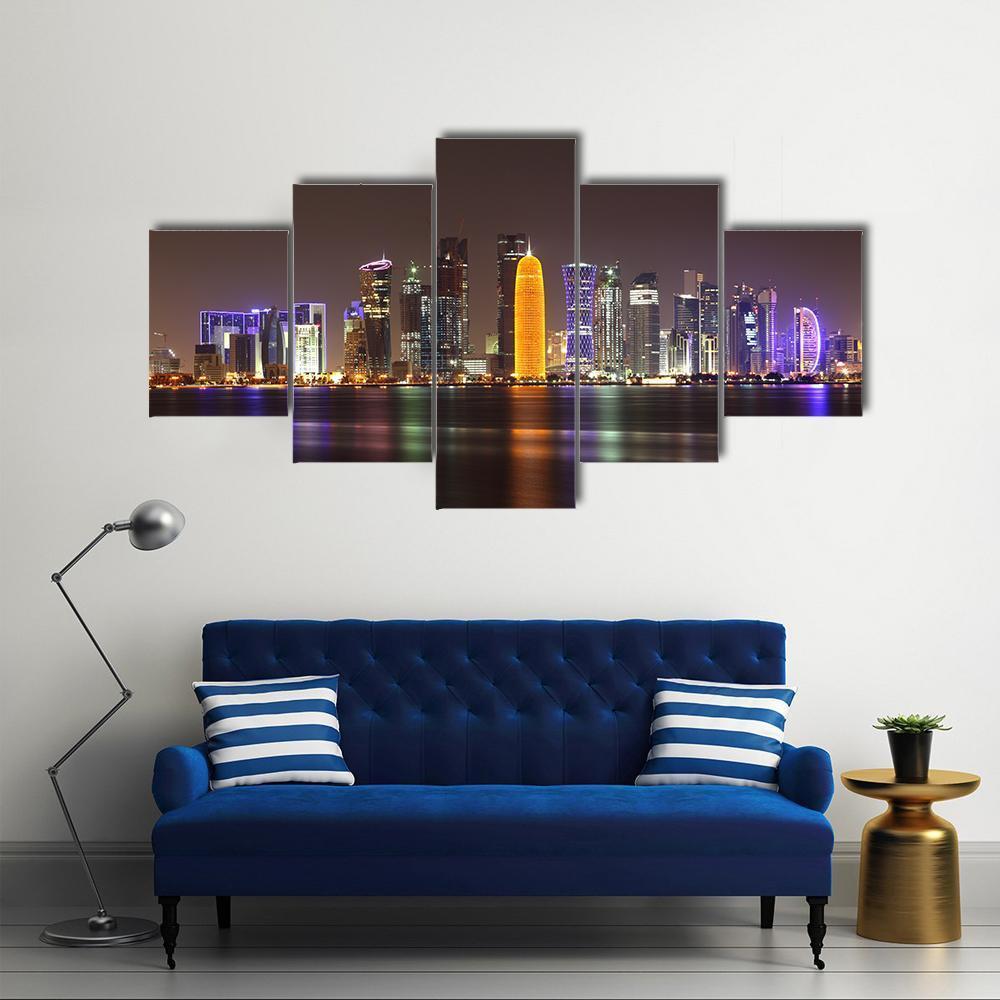 Doha Skyline At Night Canvas Wall Art-5 Star-Gallery Wrap-62" x 32"-Tiaracle