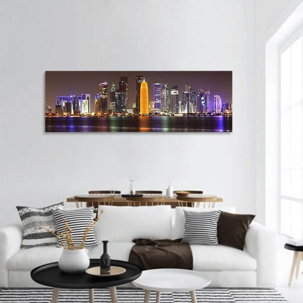 Doha Skyline At Night Panoramic Canvas Wall Art-1 Piece-36" x 12"-Tiaracle