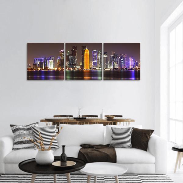 Doha Skyline At Night Panoramic Canvas Wall Art-3 Piece-25" x 08"-Tiaracle