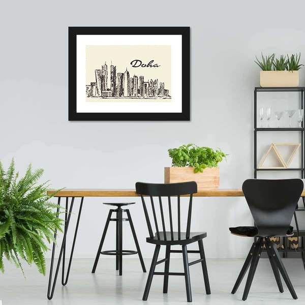 Doha Skyline Sketch Panoramic Canvas Wall Art-1 Piece-36" x 12"-Tiaracle