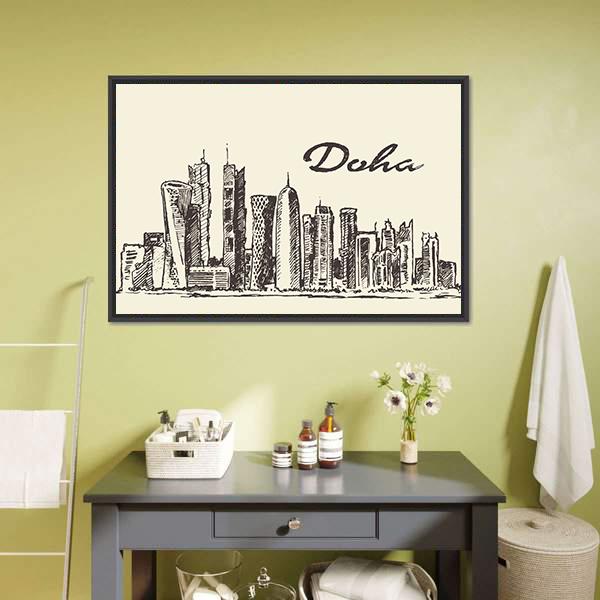 Doha Skyline Sketch Panoramic Canvas Wall Art-1 Piece-36" x 12"-Tiaracle