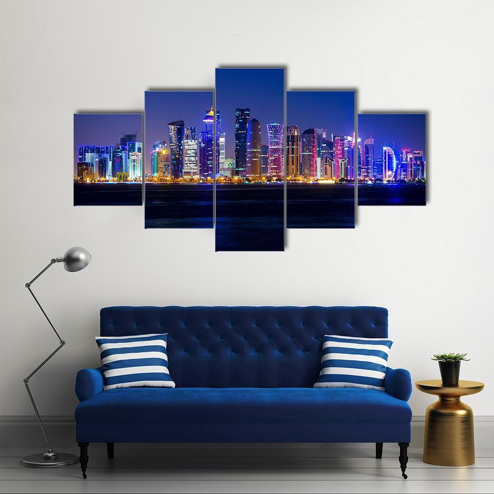 Doha Skyscrapers At Night Canvas Wall Art-5 Star-Gallery Wrap-62" x 32"-Tiaracle