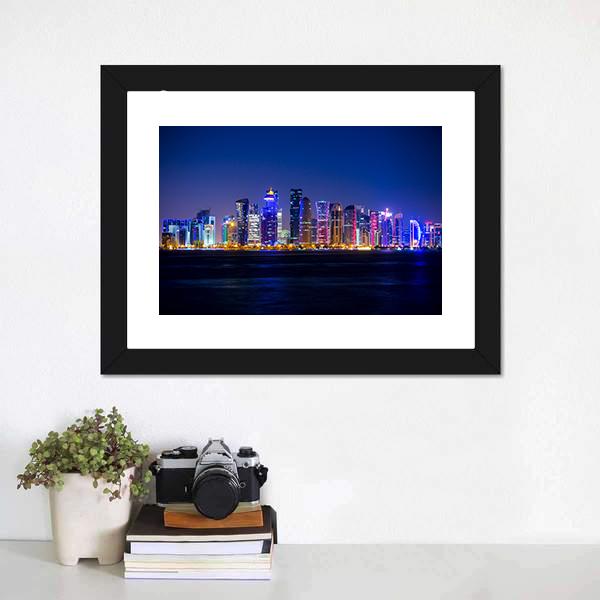 Doha Skyscrapers At Night Canvas Wall Art-3 Horizontal-Gallery Wrap-25" x 16"-Tiaracle