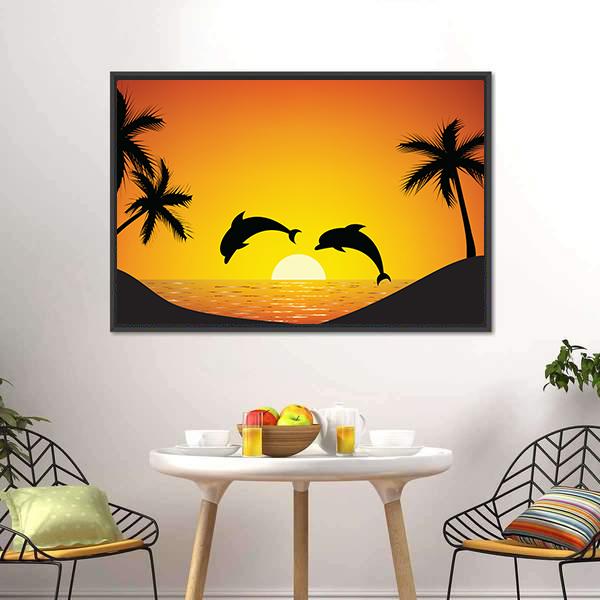 Dolphin Jumping At Sunset Panoramic Canvas Wall Art-1 Piece-36" x 12"-Tiaracle