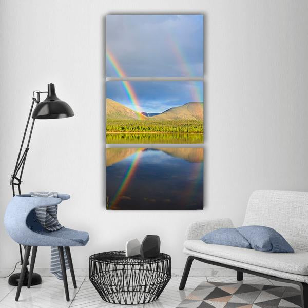 Double Rainbow Over Lake And Mountains Vertical Canvas Wall Art-3 Vertical-Gallery Wrap-12" x 25"-Tiaracle