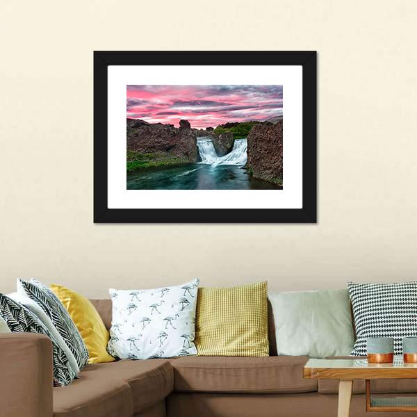 Double Waterfall Hjalparfoss Canvas Wall Art-1 Piece-Framed Print-30" x 20"-Tiaracle