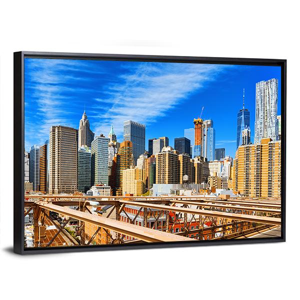 Downtown Manhattan From Brooklyn Bridge Canvas Wall Art-3 Horizontal-Gallery Wrap-25" x 16"-Tiaracle