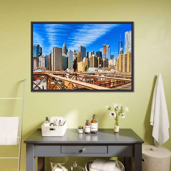 Downtown Manhattan From Brooklyn Bridge Canvas Wall Art-3 Horizontal-Gallery Wrap-25" x 16"-Tiaracle