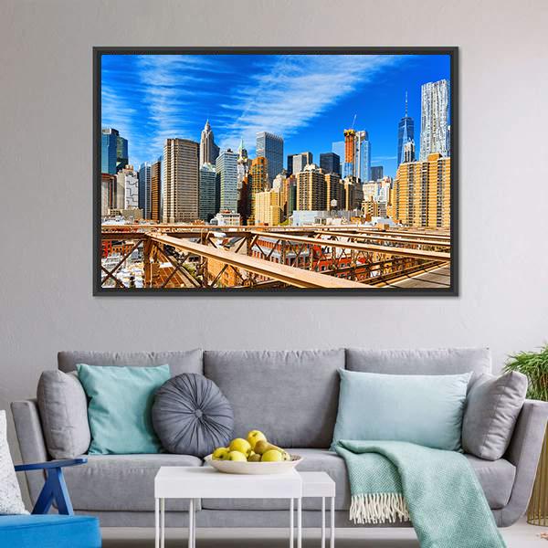 Downtown Manhattan From Brooklyn Bridge Canvas Wall Art-1 Piece-Floating Frame-24" x 16"-Tiaracle