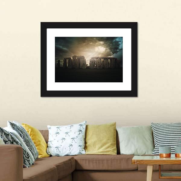 Dramatic Clouds Over Stonehenge Monument Canvas Wall Art-1 Piece-Framed Print-20" x 16"-Tiaracle