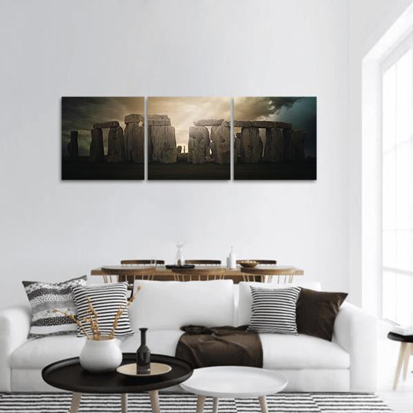 Dramatic Clouds Over Stonehenge Monument Panoramic Canvas Wall Art-3 Piece-25" x 08"-Tiaracle
