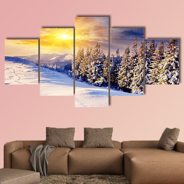 Dramatic Sunset In Winter Canvas Wall Art-5 Star-Gallery Wrap-62" x 32"-Tiaracle