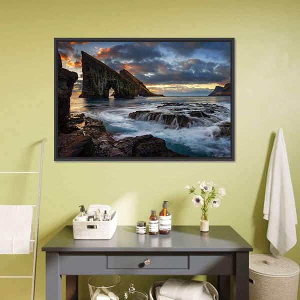 Drangarnir Rocky Arch Panoramic Canvas Wall Art-1 Piece-36" x 12"-Tiaracle