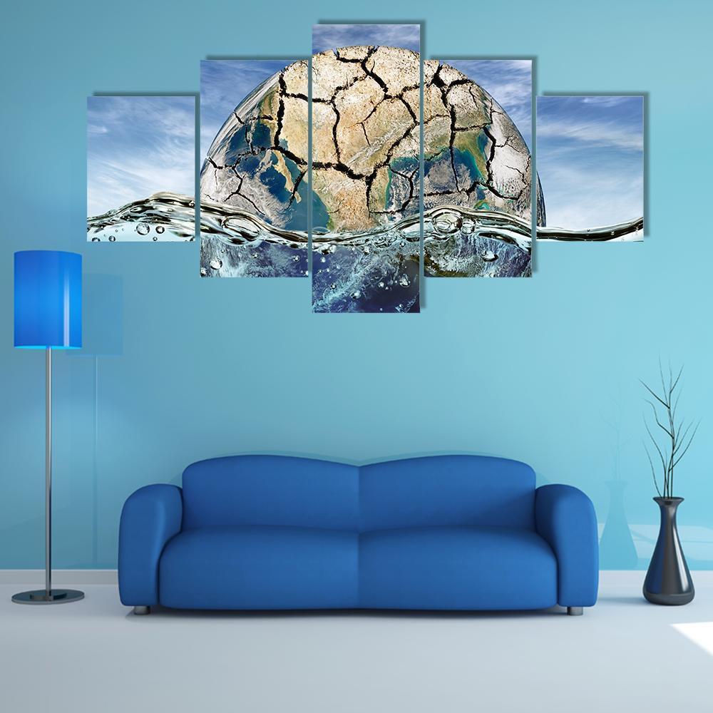 Dried Up Planet Immersed In Waters Canvas Wall Art-5 Star-Gallery Wrap-62" x 32"-Tiaracle