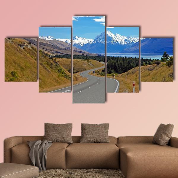 Road Towards Mt Cook Canvas Wall Art-5 Star-Gallery Wrap-62" x 32"-Tiaracle