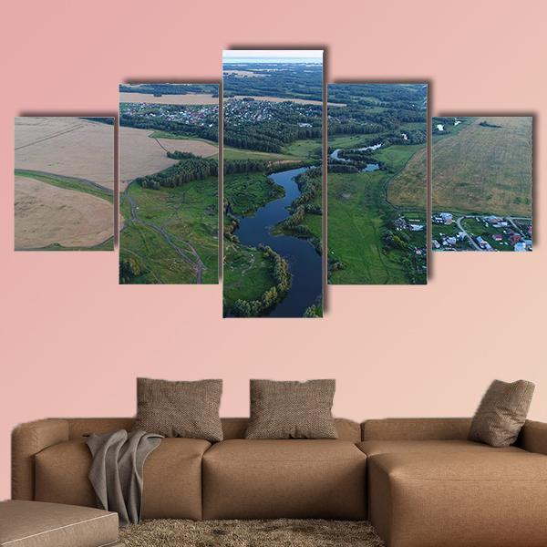 Drone View Of River Canvas Wall Art-5 Star-Gallery Wrap-62" x 32"-Tiaracle