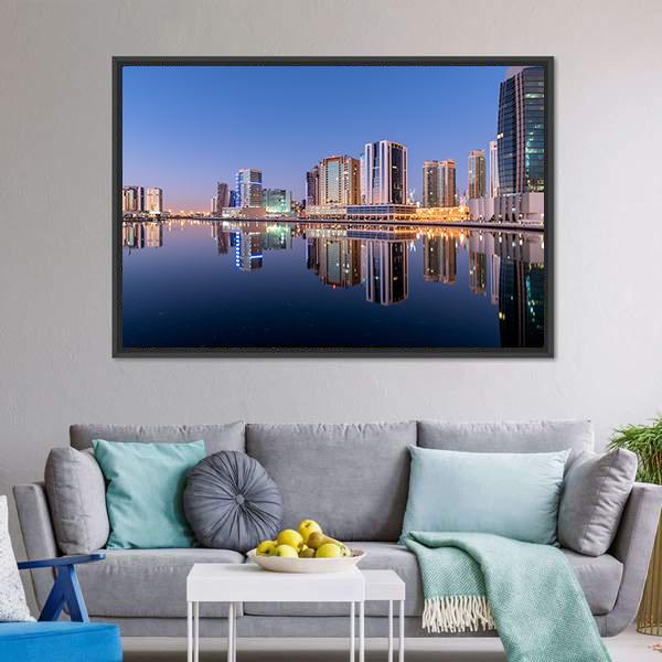 Dubai City Reflection In Canal Panoramic Canvas Wall Art-1 Piece-36" x 12"-Tiaracle