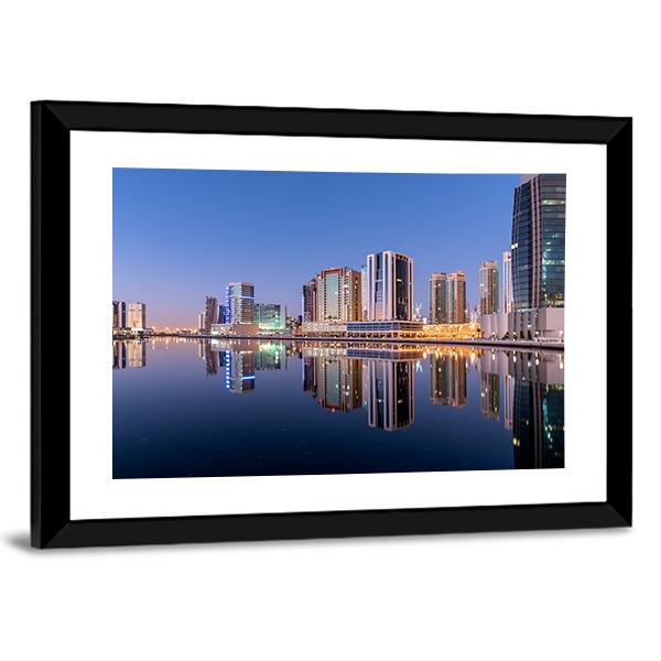 Dubai City Reflection In Canal Panoramic Canvas Wall Art-1 Piece-36" x 12"-Tiaracle
