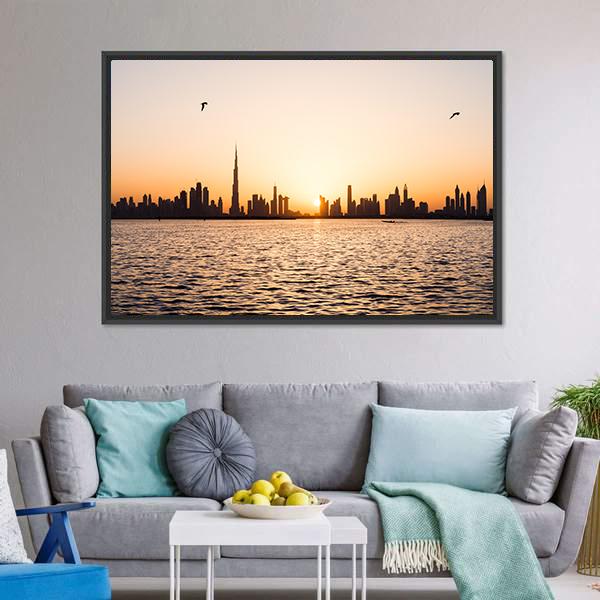 Dubai Cityscape At Sunset Canvas Wall Art-3 Horizontal-Gallery Wrap-25" x 16"-Tiaracle