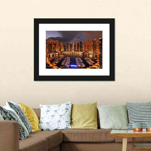 Dubai Marina At Dusk Canvas Wall Art-1 Piece-Framed Print-30" x 20"-Tiaracle