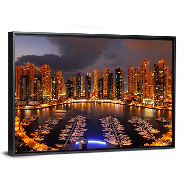 Dubai Marina At Dusk Canvas Wall Art-3 Horizontal-Gallery Wrap-25" x 16"-Tiaracle