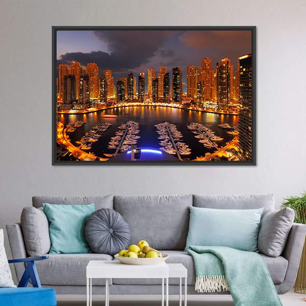 Dubai Marina At Dusk Canvas Wall Art-3 Horizontal-Gallery Wrap-25" x 16"-Tiaracle