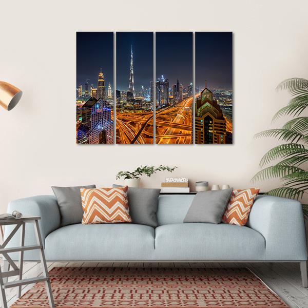 Dubai Skyline During Sunrise Canvas Wall Art-4 Horizontal-Gallery Wrap-34" x 24"-Tiaracle