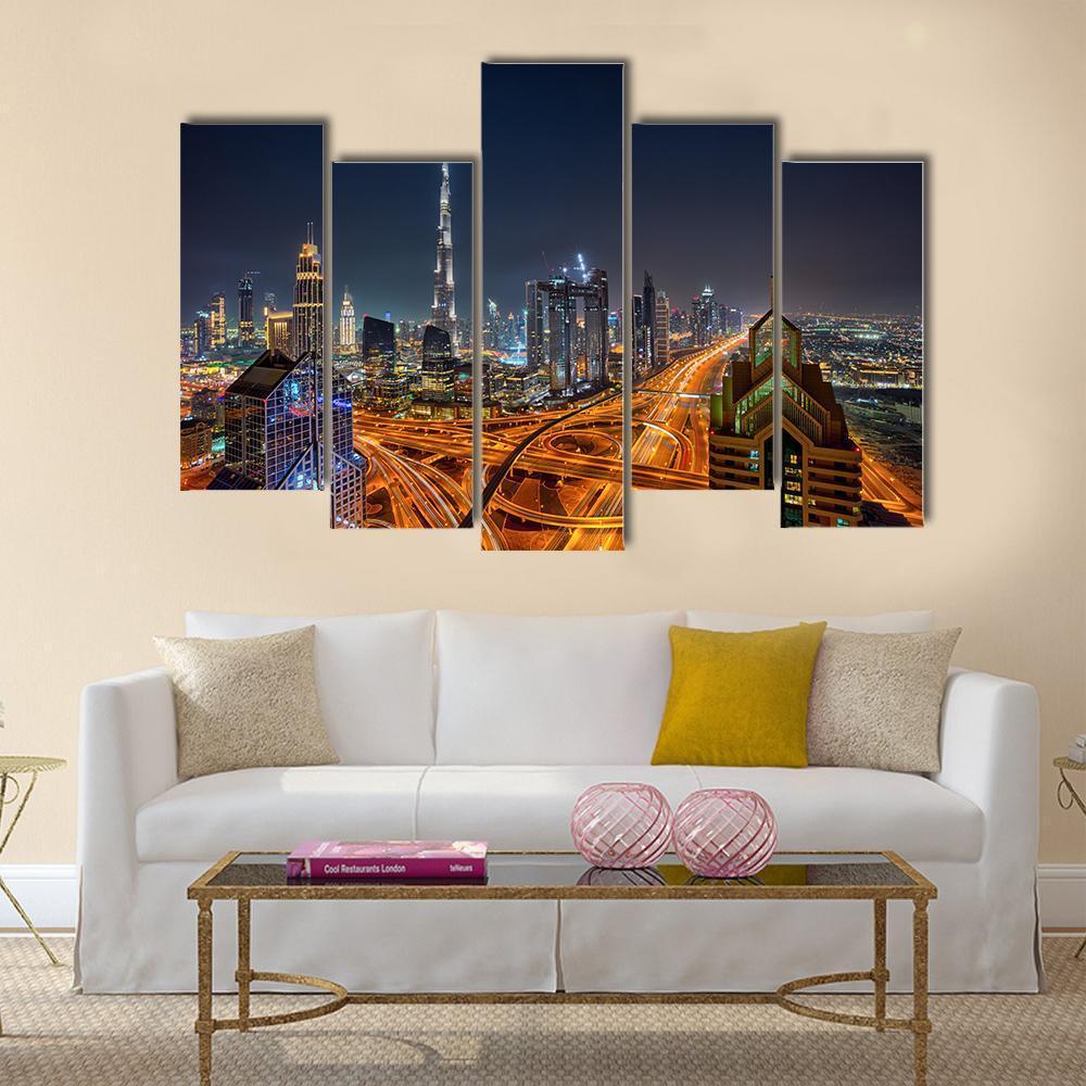 Dubai Skyline During Sunrise Canvas Wall Art-5 Pop-Gallery Wrap-47" x 32"-Tiaracle