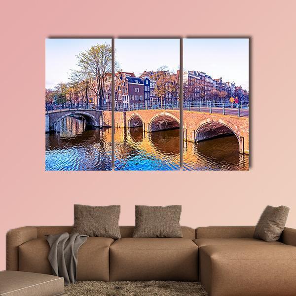 Dutch Houses & Old Bridges Canvas Wall Art-3 Horizontal-Gallery Wrap-37" x 24"-Tiaracle