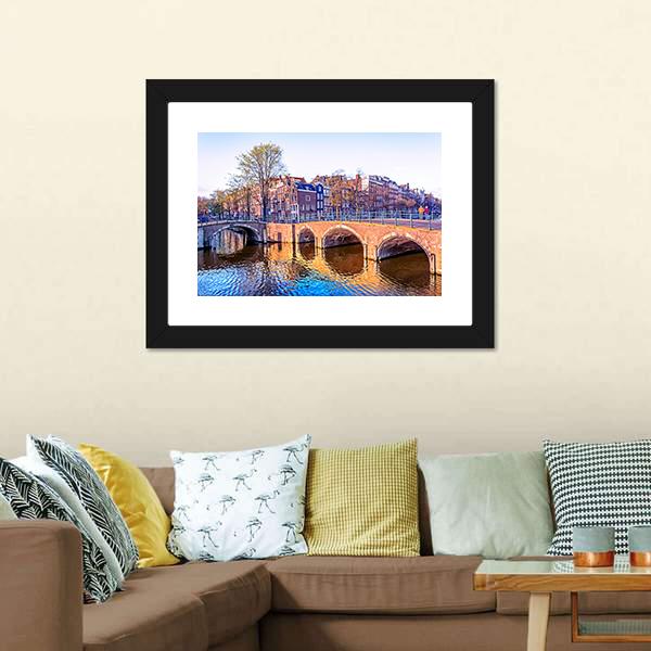 Dutch Houses & Old Bridges Canvas Wall Art-1 Piece-Framed Print-20" x 16"-Tiaracle