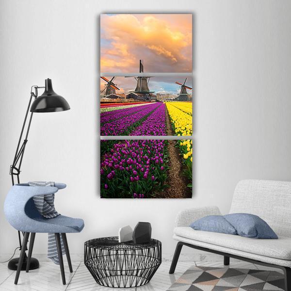 Flowers Fields & Windmill Vertical Canvas Wall Art-3 Vertical-Gallery Wrap-12" x 25"-Tiaracle