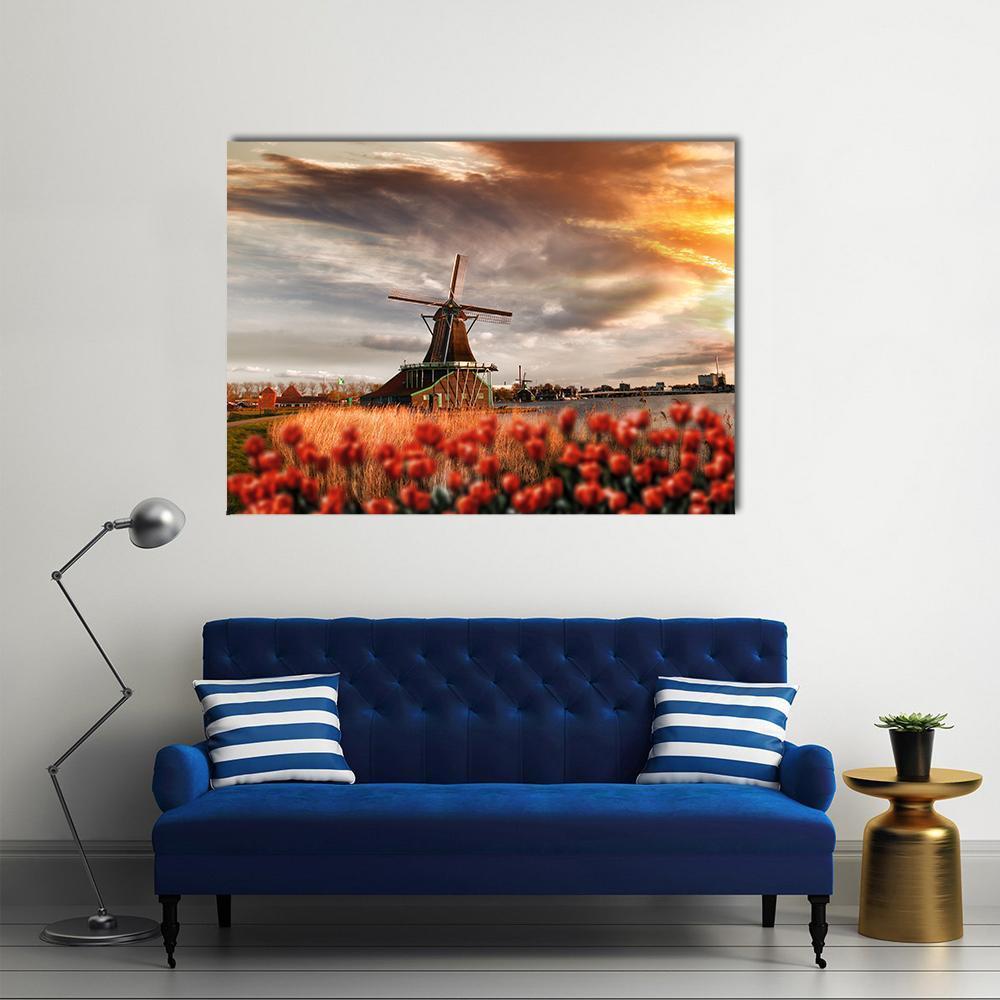 Dutch Windmills Amsterdam Canvas Wall Art-1 Piece-Gallery Wrap-36" x 24"-Tiaracle