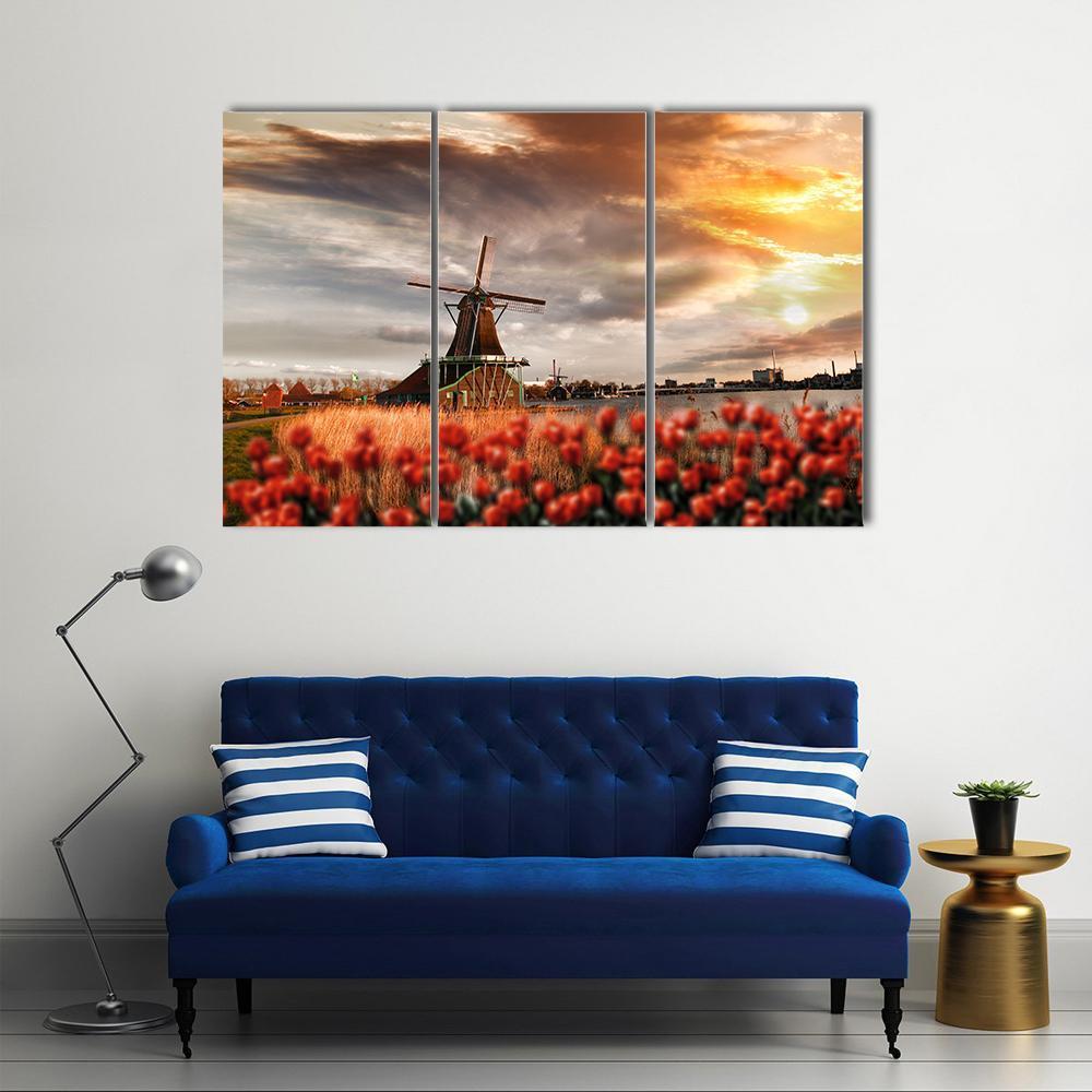 Dutch Windmills Amsterdam Canvas Wall Art-3 Horizontal-Gallery Wrap-37" x 24"-Tiaracle