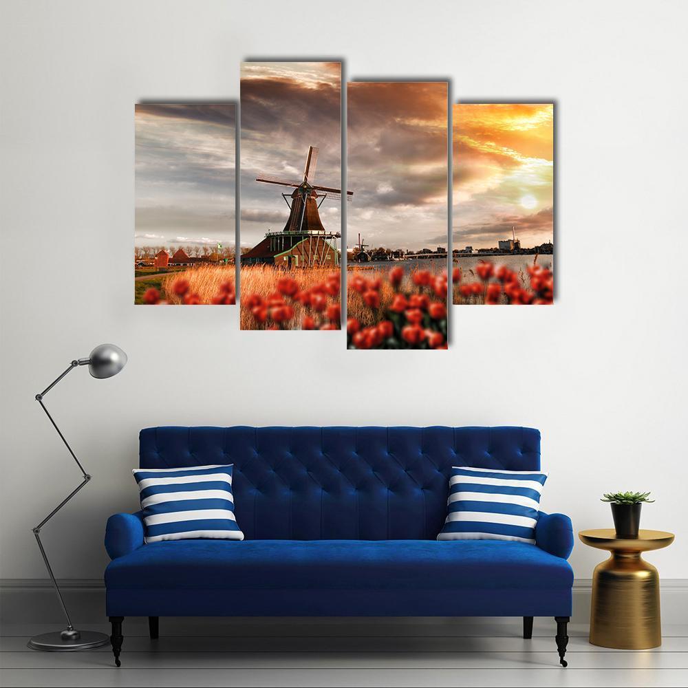 Dutch Windmills Amsterdam Canvas Wall Art-4 Pop-Gallery Wrap-50" x 32"-Tiaracle