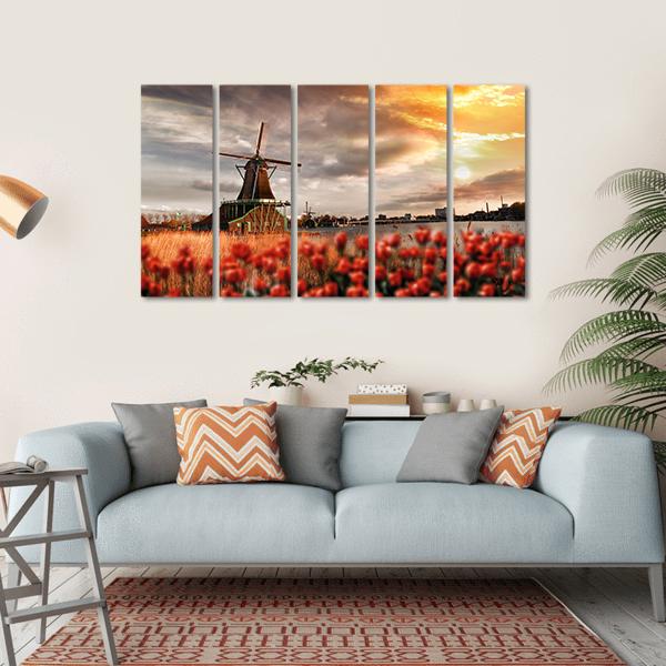 Dutch Windmills Amsterdam Canvas Wall Art-5 Horizontal-Gallery Wrap-22" x 12"-Tiaracle
