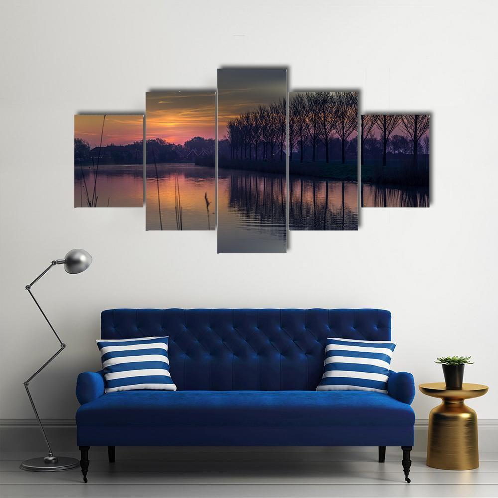 Early Morning By A Canal Canvas Wall Art-5 Star-Gallery Wrap-62" x 32"-Tiaracle