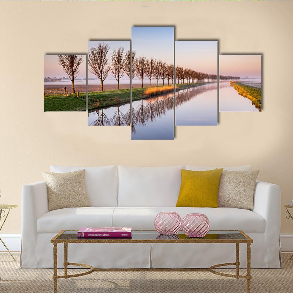 Early Morning By A Dutch Canal Canvas Wall Art-5 Star-Gallery Wrap-62" x 32"-Tiaracle