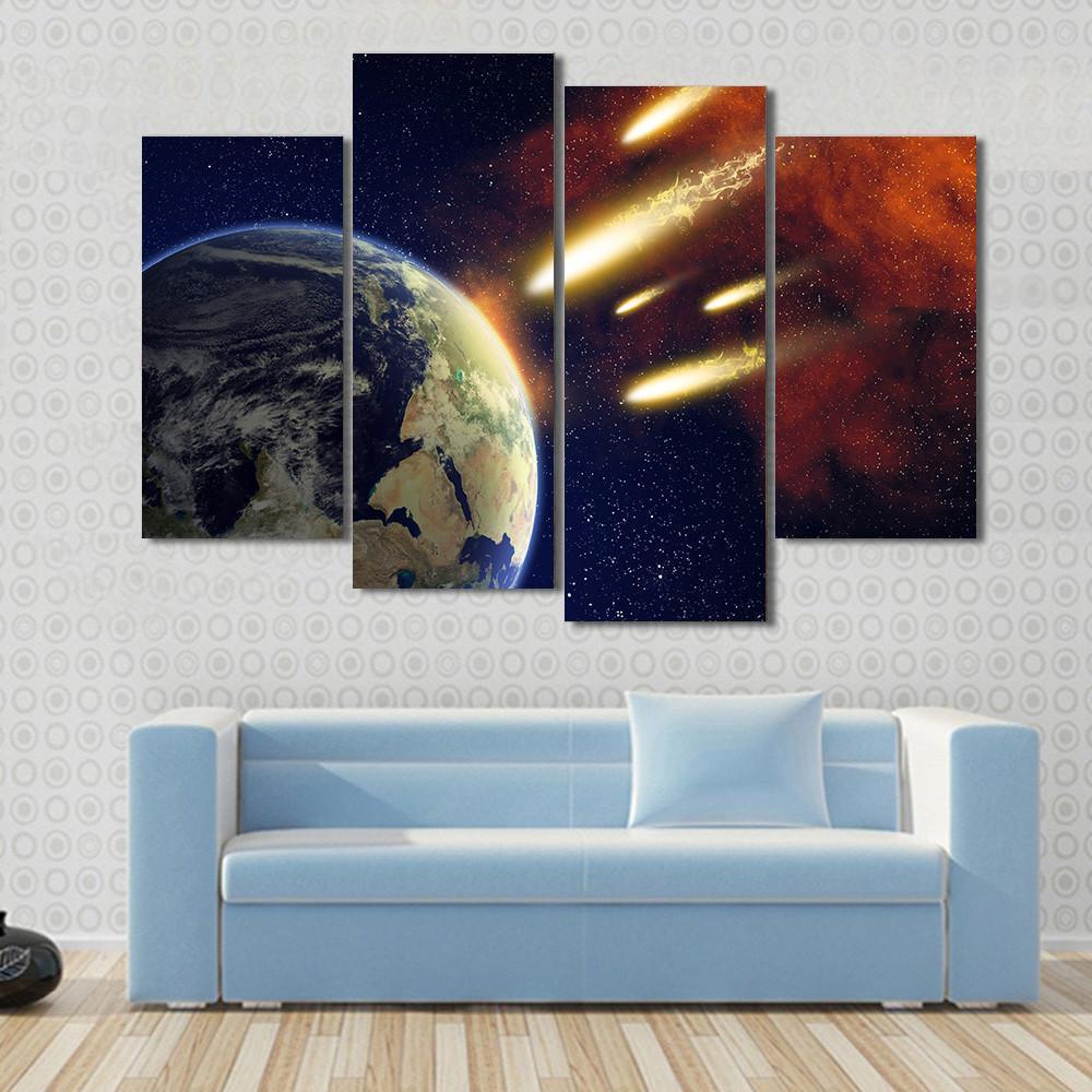 Earth & Flying Asteroids Canvas Wall Art-4 Pop-Gallery Wrap-50" x 32"-Tiaracle